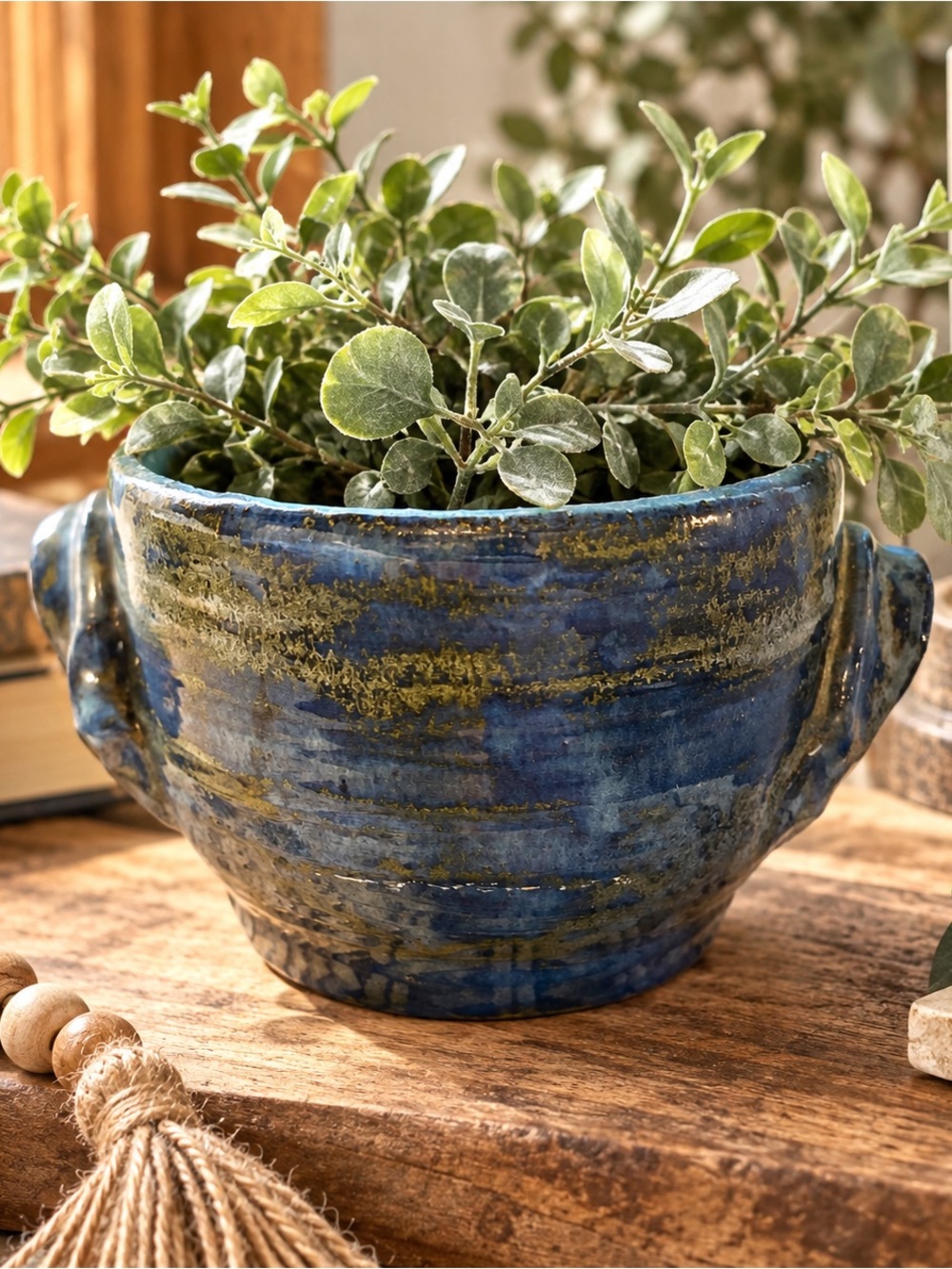 Blue Ceramic Planter with Olive Accents - Home Art